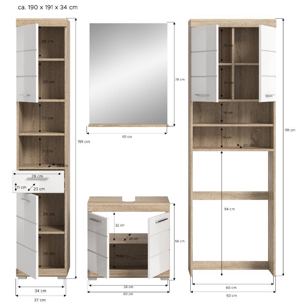 Badkombination mit Waschmaschinenschrank Set - Calbanyara (vierteilig)