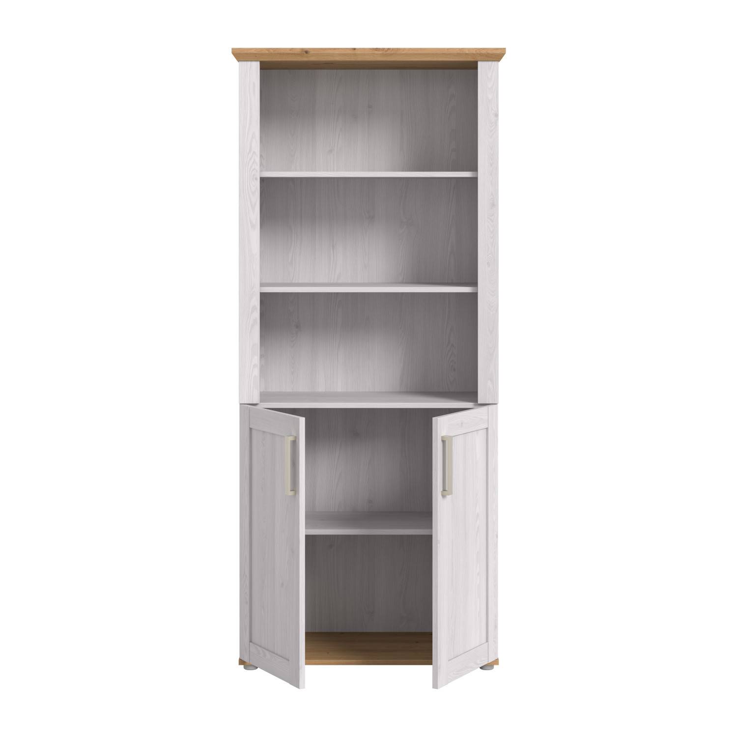 Hoher Aktenschrank mit offenen Regalfächern und Flügeltüren in Weiß und Eiche-Optik – Tocella