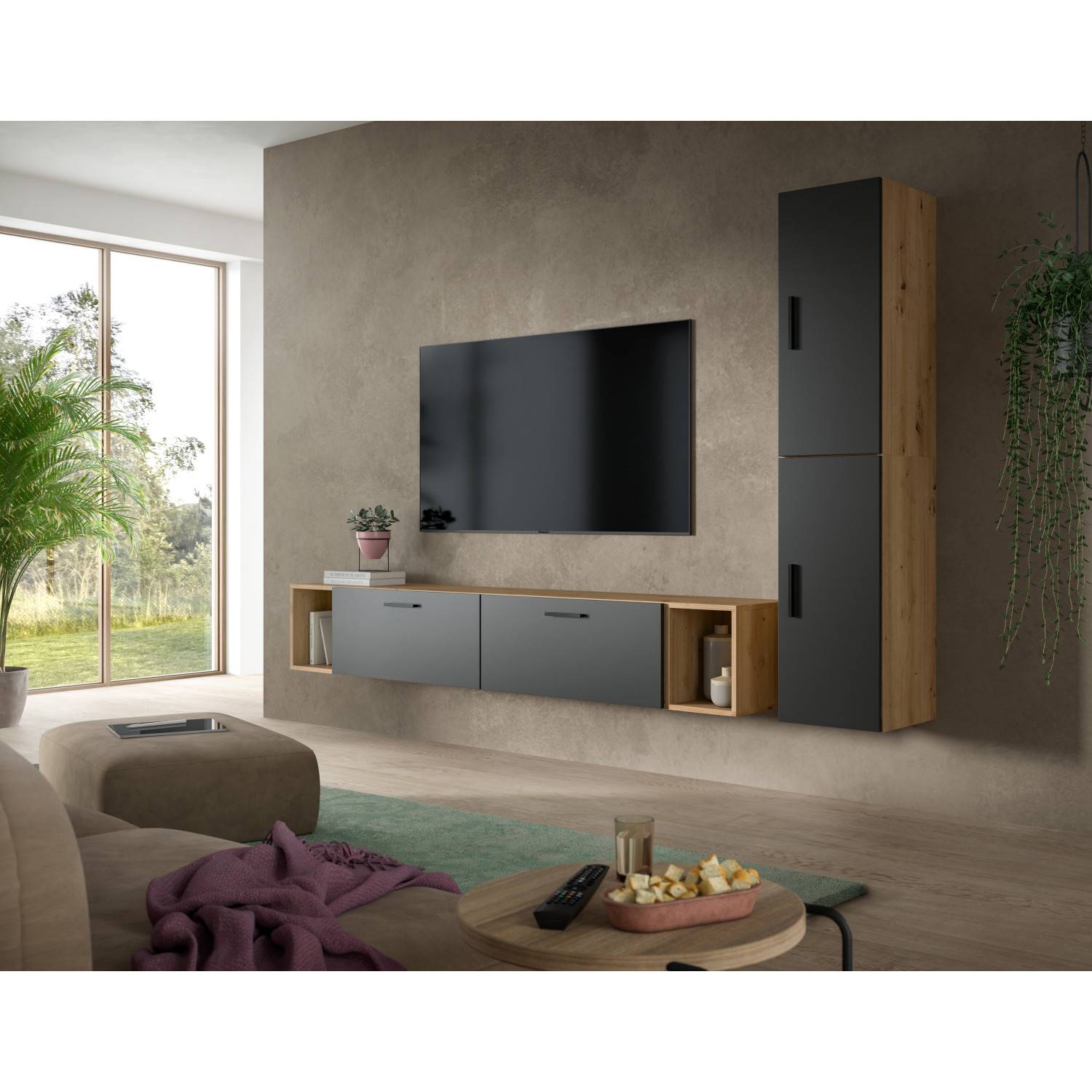 Moderne Wohnwand mit TV-Lowboard und hohem Hängeschrank im Wohnzimmer, zweifarbig – Estoron