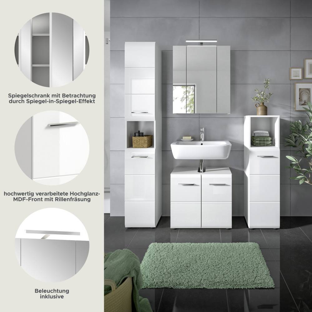 Spiegelschrank mit Beleuchtung, Hochglanz-MDF-Fronten und Spiegel-in-Spiegel-Effekt des Waschplatz Sets – Clona