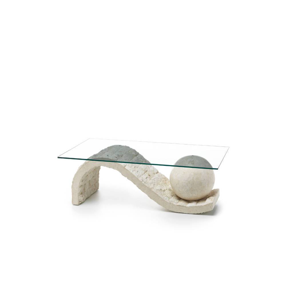 Stilvoller Couchtisch mit transparenter Glasplatte und einzigartigem Steinsockel – French