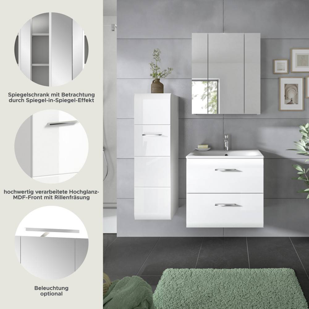 Spiegelschrank mit Spiegel-in-Spiegel-Effekt und Hochglanz-MDF-Fronten des Badmöbel Sets – Clona