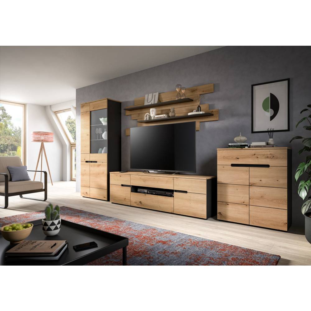 Moderne Wohnzimmer Anbauwand in Holz- und Anthrazitdekor im eingerichteten Raum – Irysma