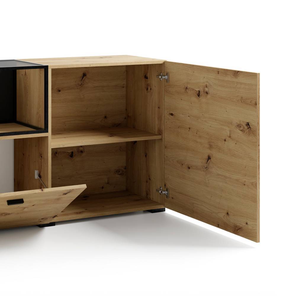 Sideboard Wildeiche Optik mit offener Tür und Klappe, innenliegenden Fächern für Wohnbereich – Sidervide
