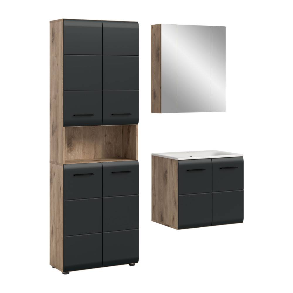 Komplettes dreiteiliges Badezimmerset in Anthrazit und Nox Oak Optik, mit Hochschrank, Spiegelschrank und Waschtisch – Karina