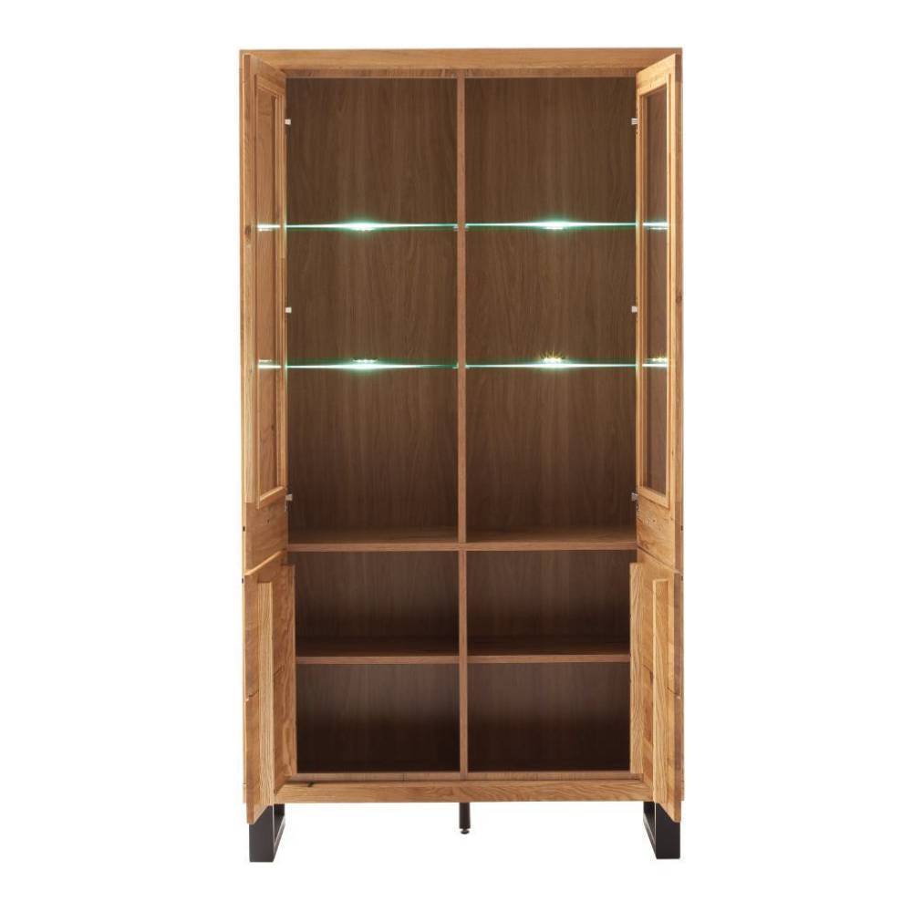 Moderne Vitrine Wildeiche mit offenen Glastüren und beleuchteten Glasböden – Scarlett