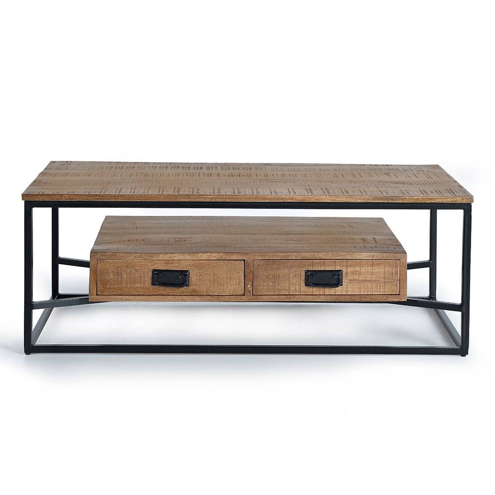 Couchtisch im Industrial-Design aus Holz und Metall mit zwei Schubfächern frontal – Olmidava