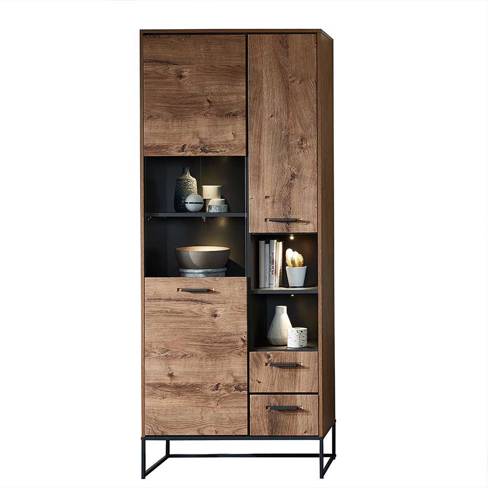 Hohe Vitrine in dunklem Holzdekor mit zwei Türen, offenen Fächern und Schubladen, schwarzes Metallgestell – Xindus