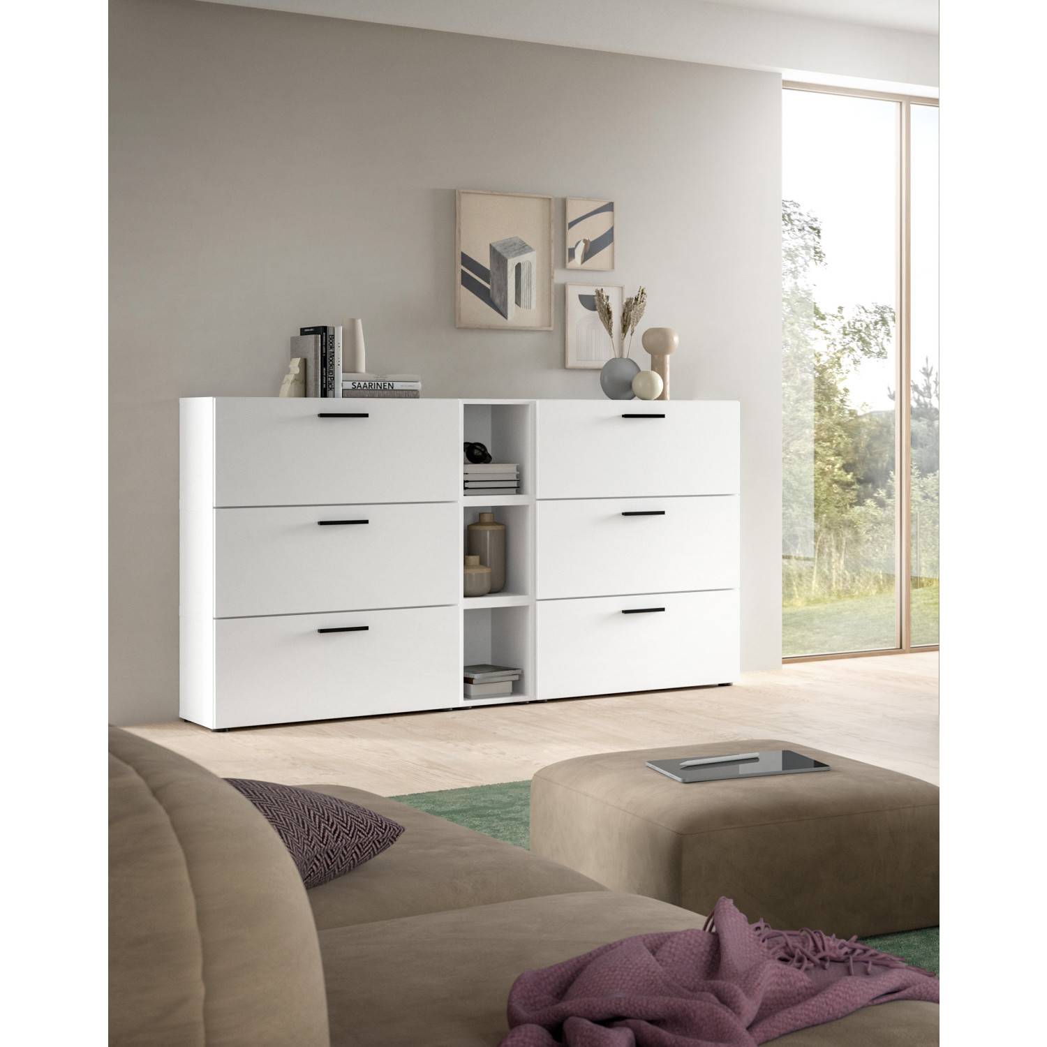 Weißes TV Lowboard als Sideboard mit Klapptüren im modernen Wohnzimmer – Actionsa