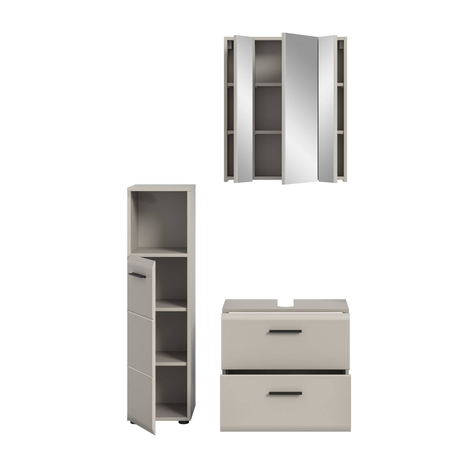 Badezimmer Hochschrank, Waschtischschrank und Spiegelschrank offen mit Stauraum – Donostia