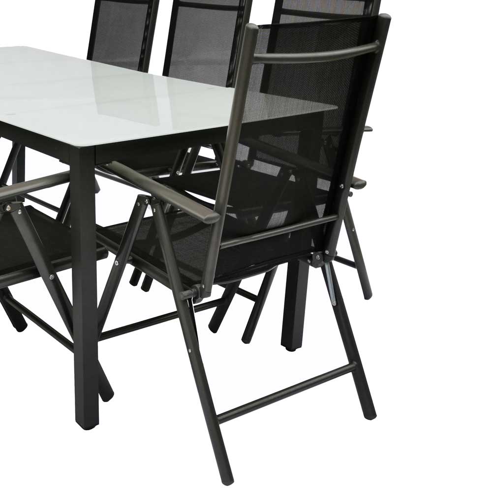 Outdoor Essgruppe Set mit anthrazitfarbenen Stühlen und weißer Tischplatte für die Terrasse – Yumagno
