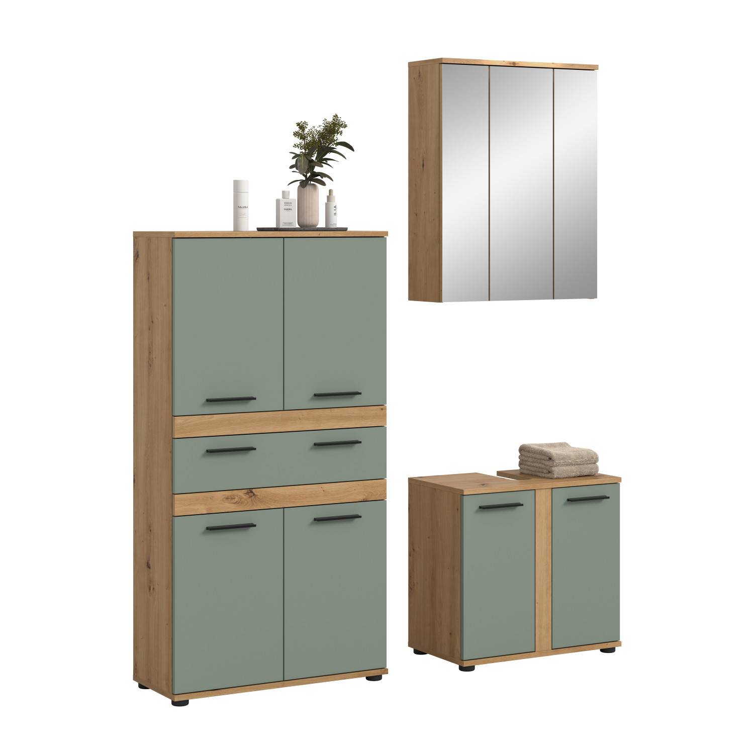 Elegantes dreiteiliges Badmöbel Set in Salbei und Artisan Eiche mit geschlossenen Fronten   – Luzanos