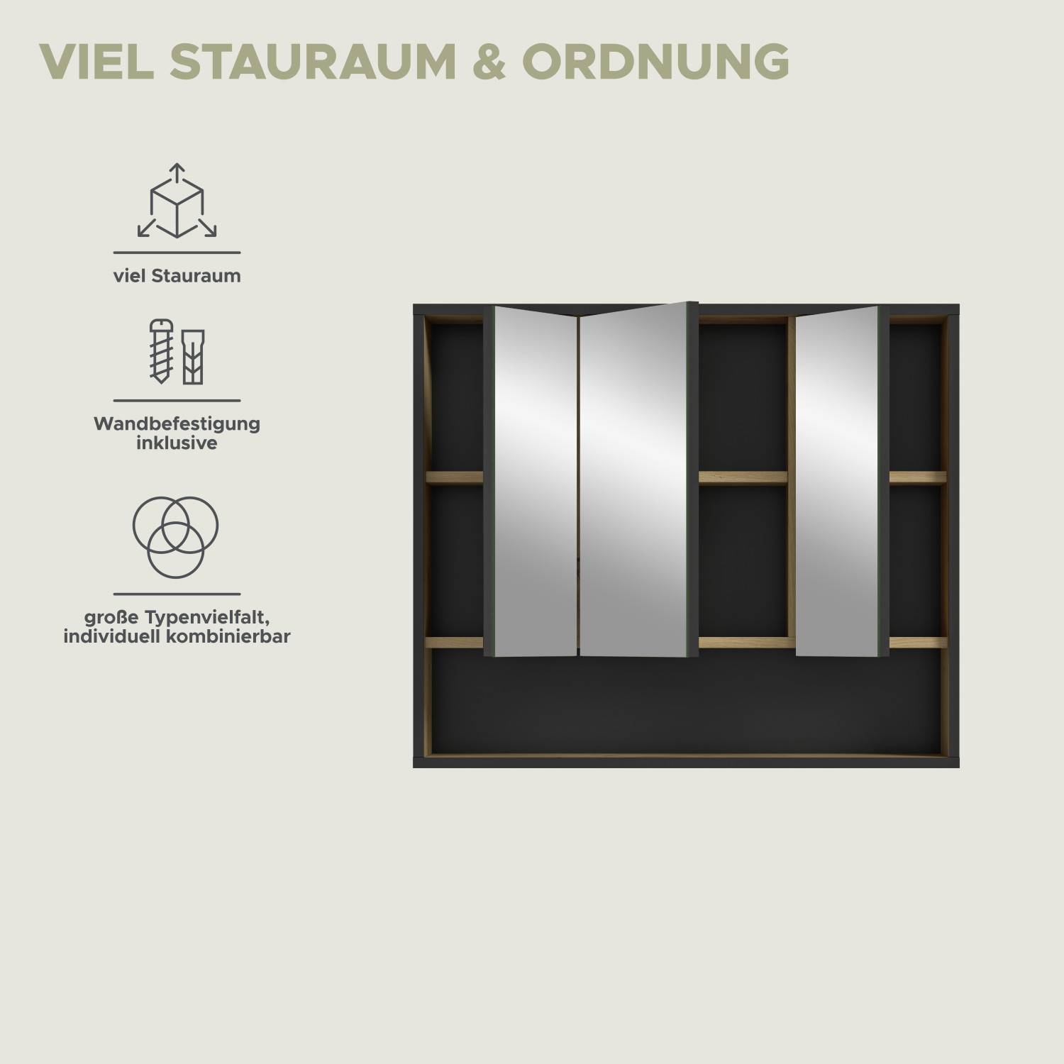 Holzoptik Badschrank mit Spiegeltüren und viel Stauraum für Ihr Badezimmer – Brutannia