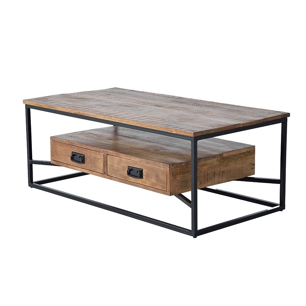 Industrial Couchtisch mit rustikaler Holzplatte, zwei Schubladen und schwarzem Metallgestell – Olmidava