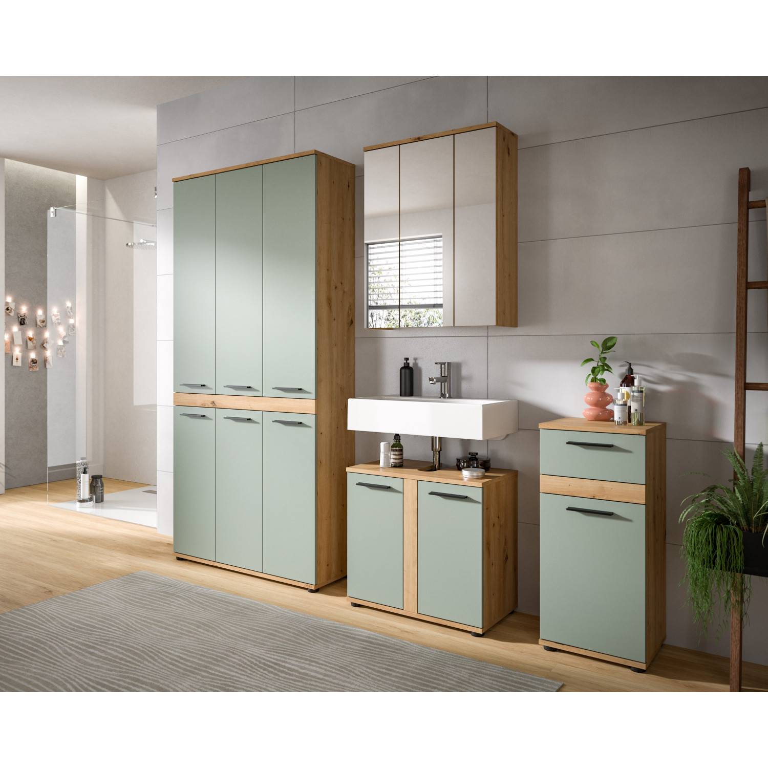 Modernes Badmöbelset Luzanos II in mattgrün und Holzoptik im Badezimmer – Luzanos