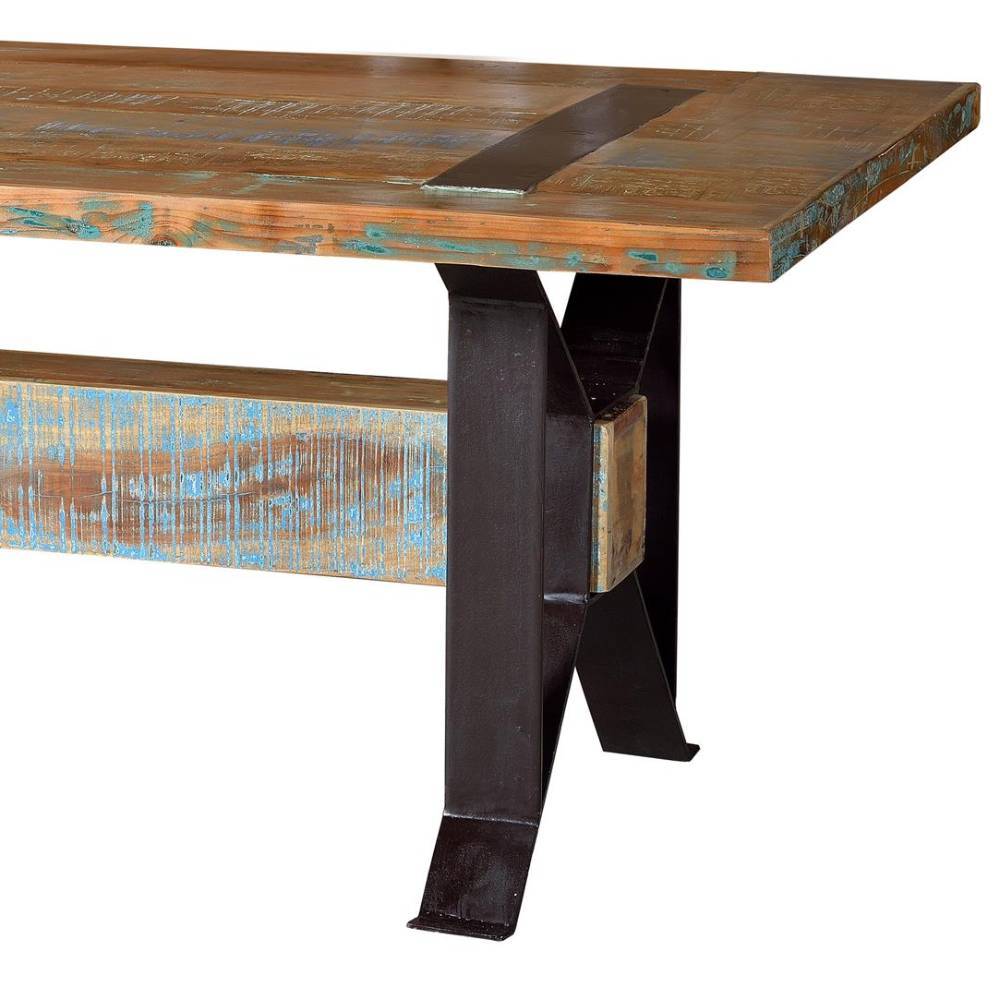 Detail der recycelten Holzplatte mit blauer Patina und robusten Metallbeinen – Fraduno