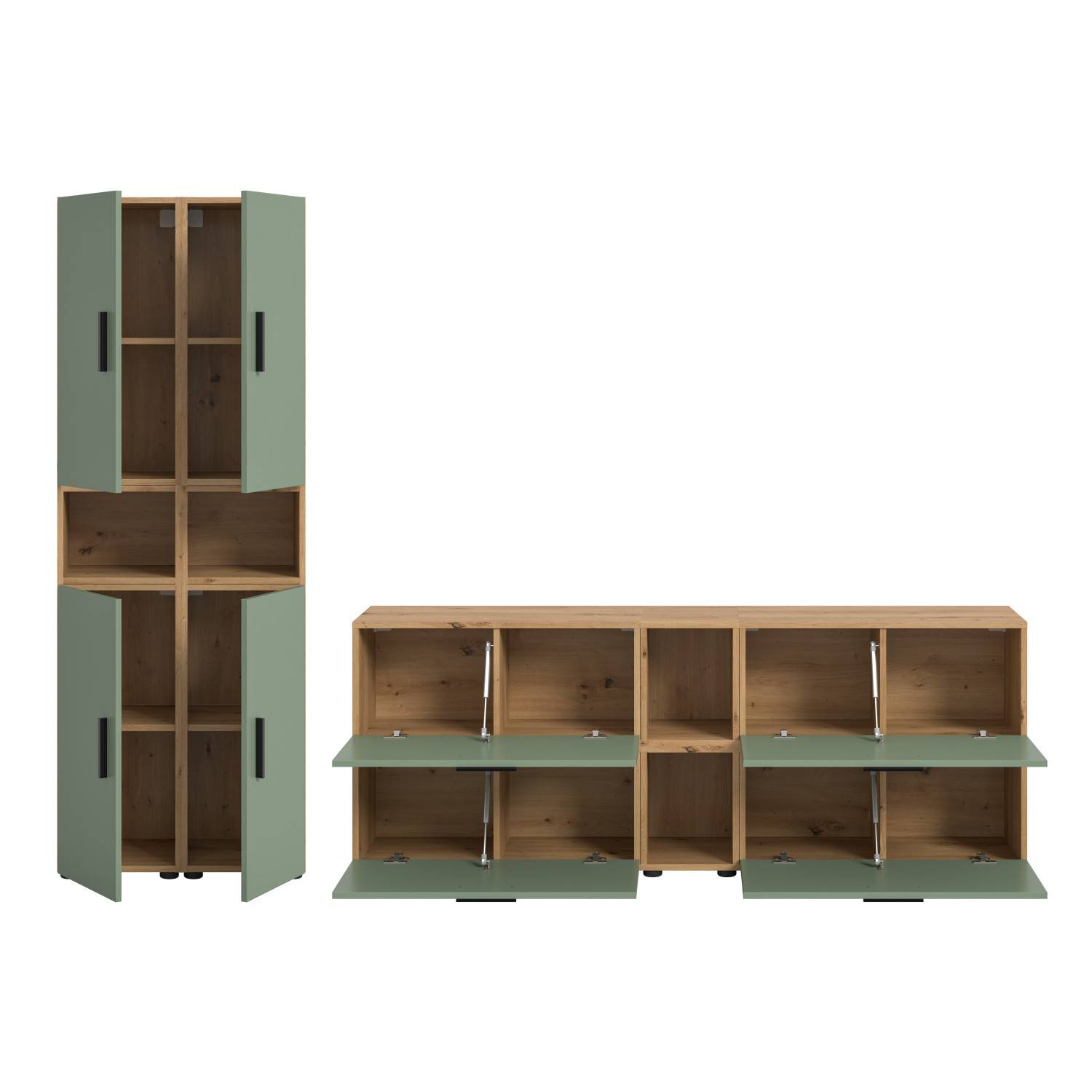 Zwei offene Schrankmodule der Anbauwand in Smoke Green und Holzoptik – Jonni