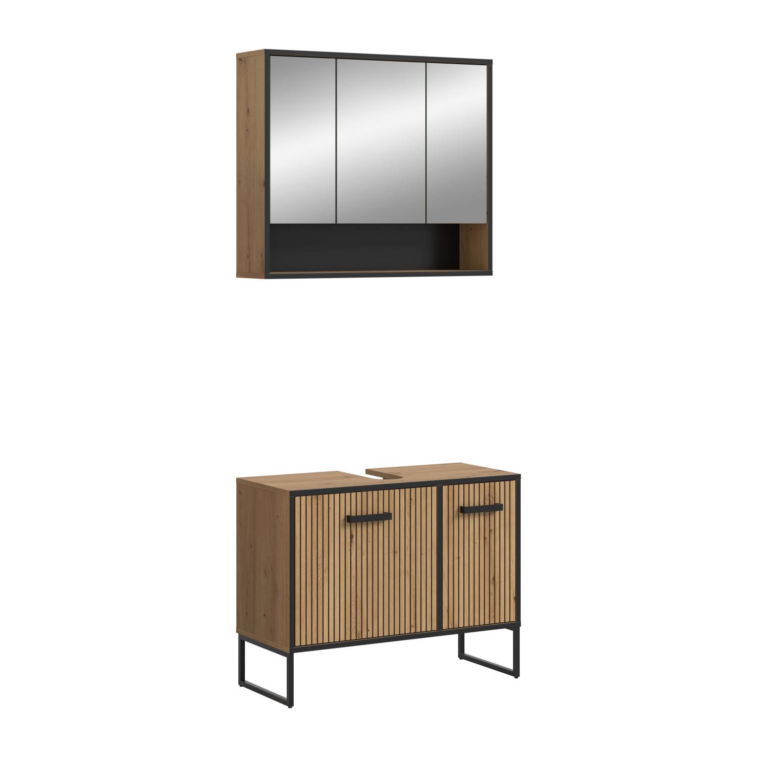 Modernes Waschplatz Set mit Spiegelschrank und Unterschrank, Lamellenfronten in Holzoptik – Brutannia