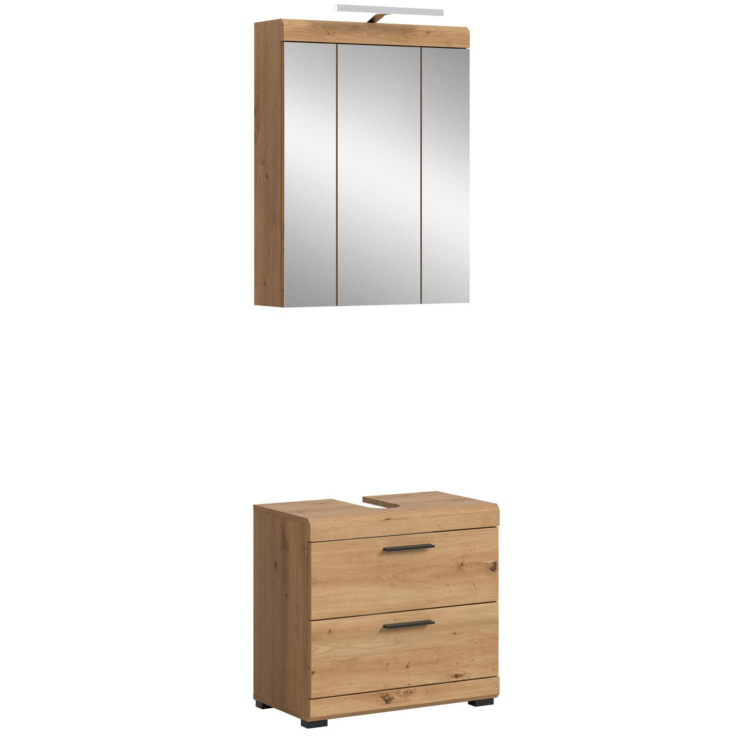 Heller Badspiegelschrank und Unterschrank in Holzoptik mit Spiegeln und Schubladen – Lasewood