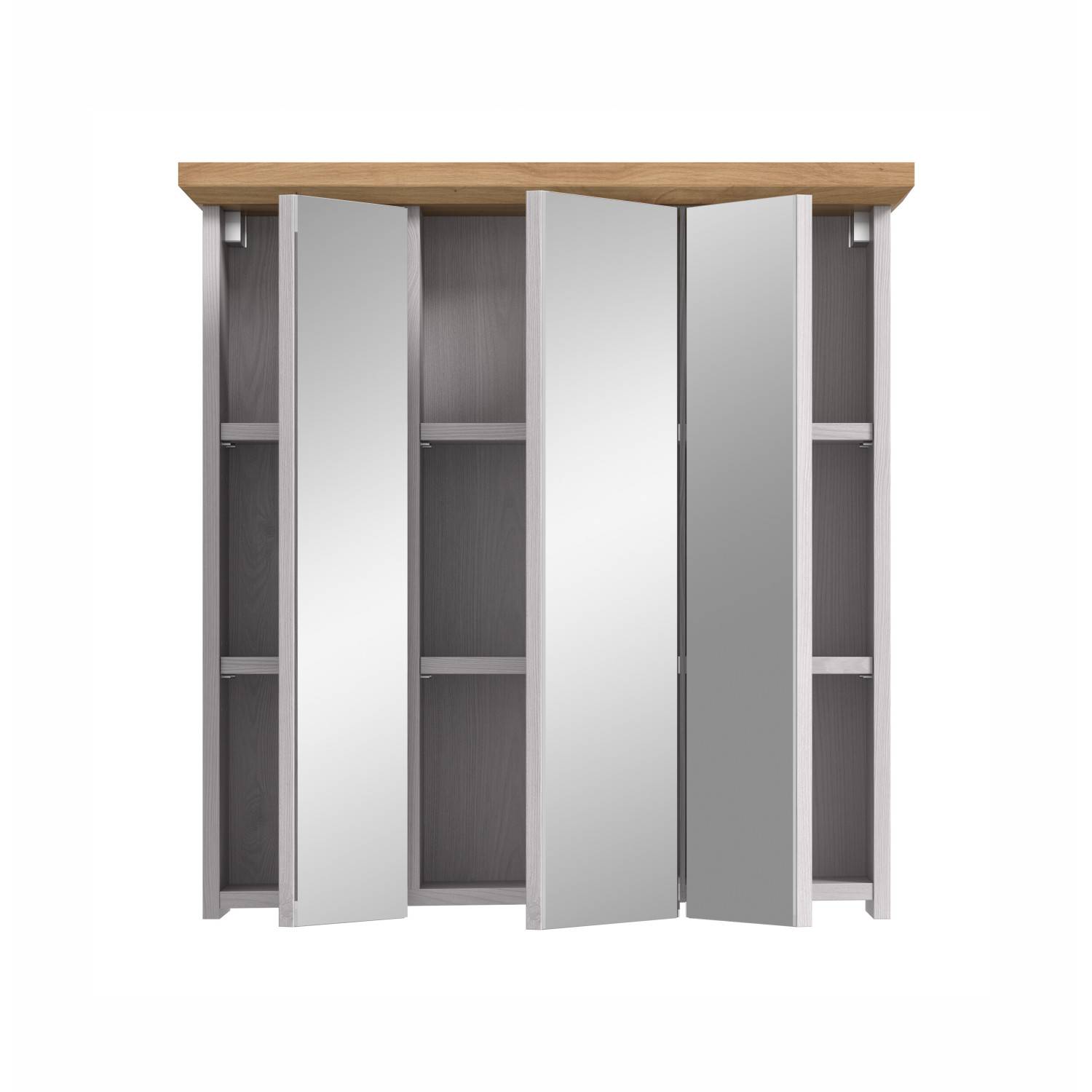Badschrank mit Spiegelfront, drei geöffnete Spiegeltüren und Fächern in heller Holzoptik – Tocella