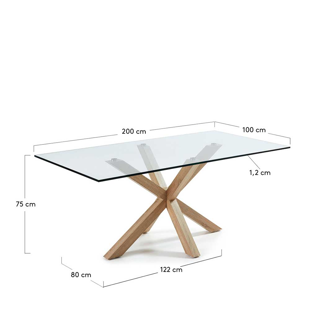 Glas Esszimmertisch mit Stahlgestell Savetrac in Holz Optik