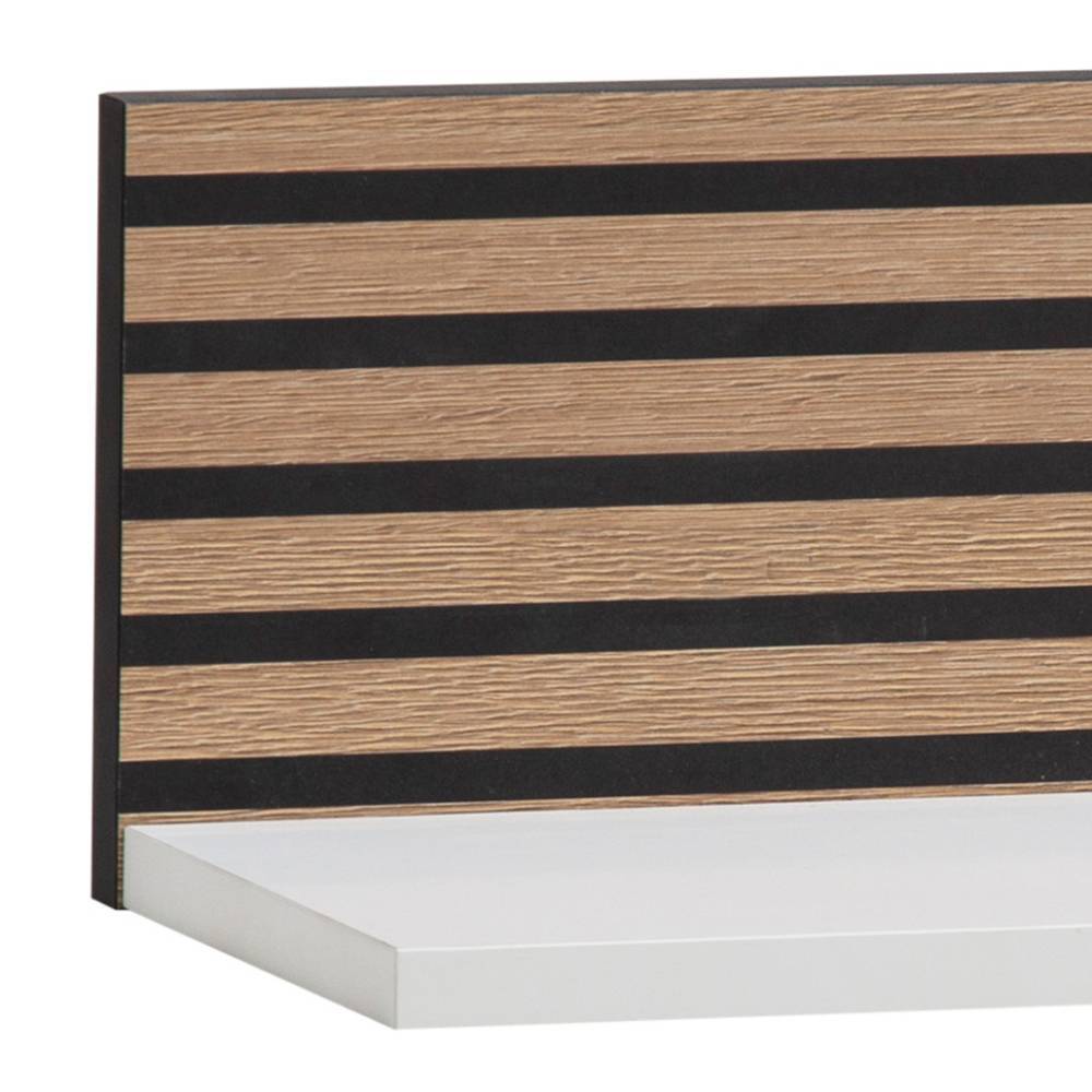 Mattweißes Wandboard mit Ablage und Rückwand in Holzoptik mit horizontalen schwarzen Streifen – Diomede