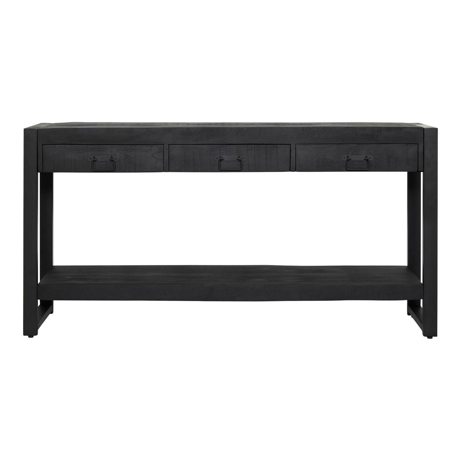 Schwarzer Wandtisch mit drei Schubladen und Ablageboden, Massivholzplatte im Industrie-Look – Lamisca
