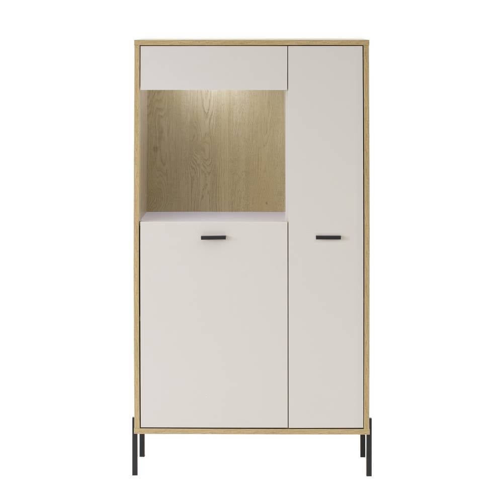 Elegantes Standregal mit beleuchtetem Glaseinsatz und zwei Schranktüren in Beige – Dasanti