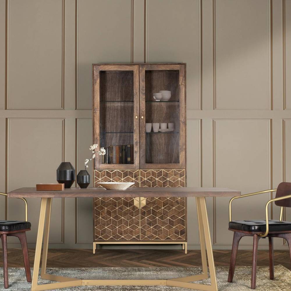 Design-Vitrinenschrank in Walnussbraun und Gold - Rasimo