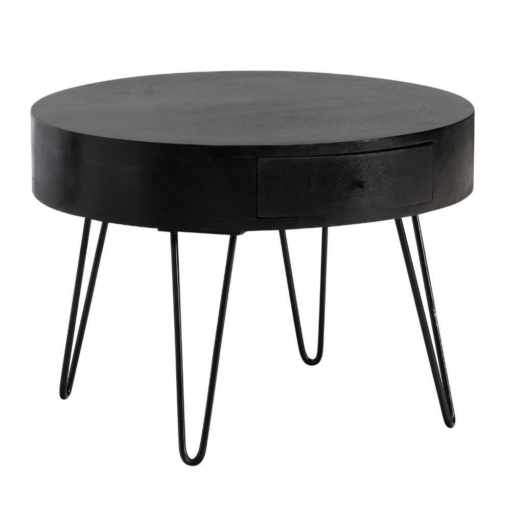 Eleganter runder Beistelltisch schwarz mit Schublade und Metallbeinen – Lioberta