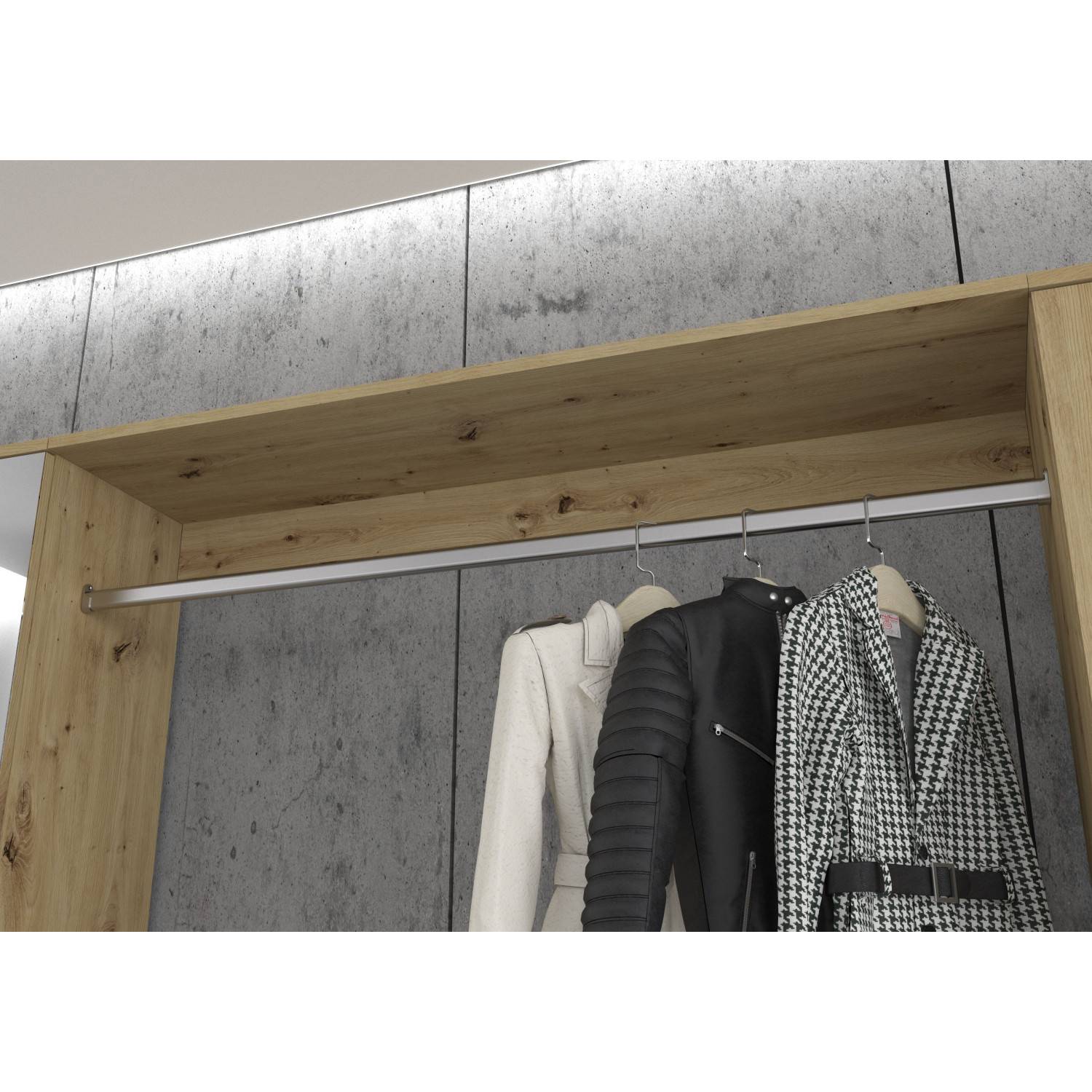 Kleiderstange des Flurmöbelsets mit drei Jacken und oberer Ablage in heller Holzoptik – Pretty
