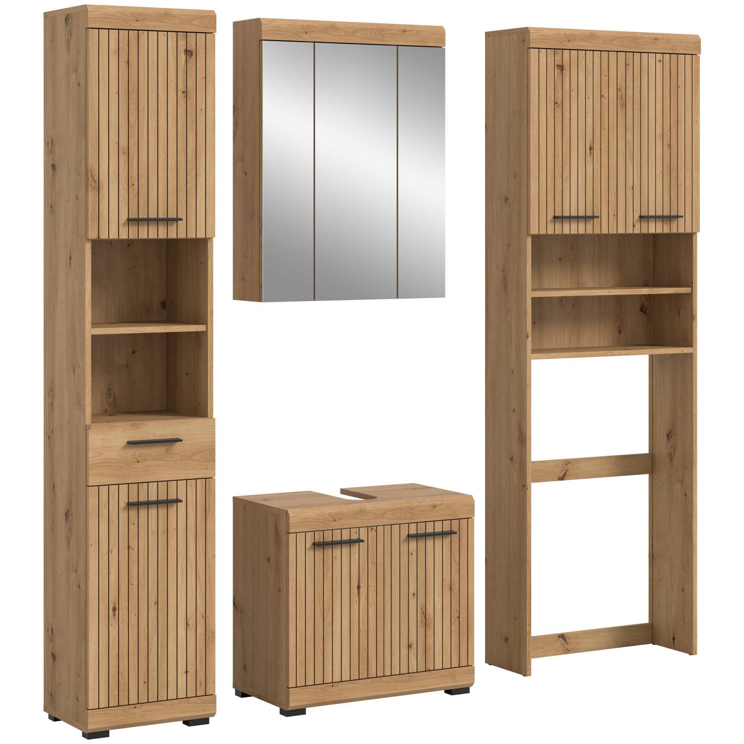 Badmöbelkomplettset vierteilig Rillenfront in Holzoptik mit Hochschrank, Spiegelschrank und Unterschränken – Lasewood