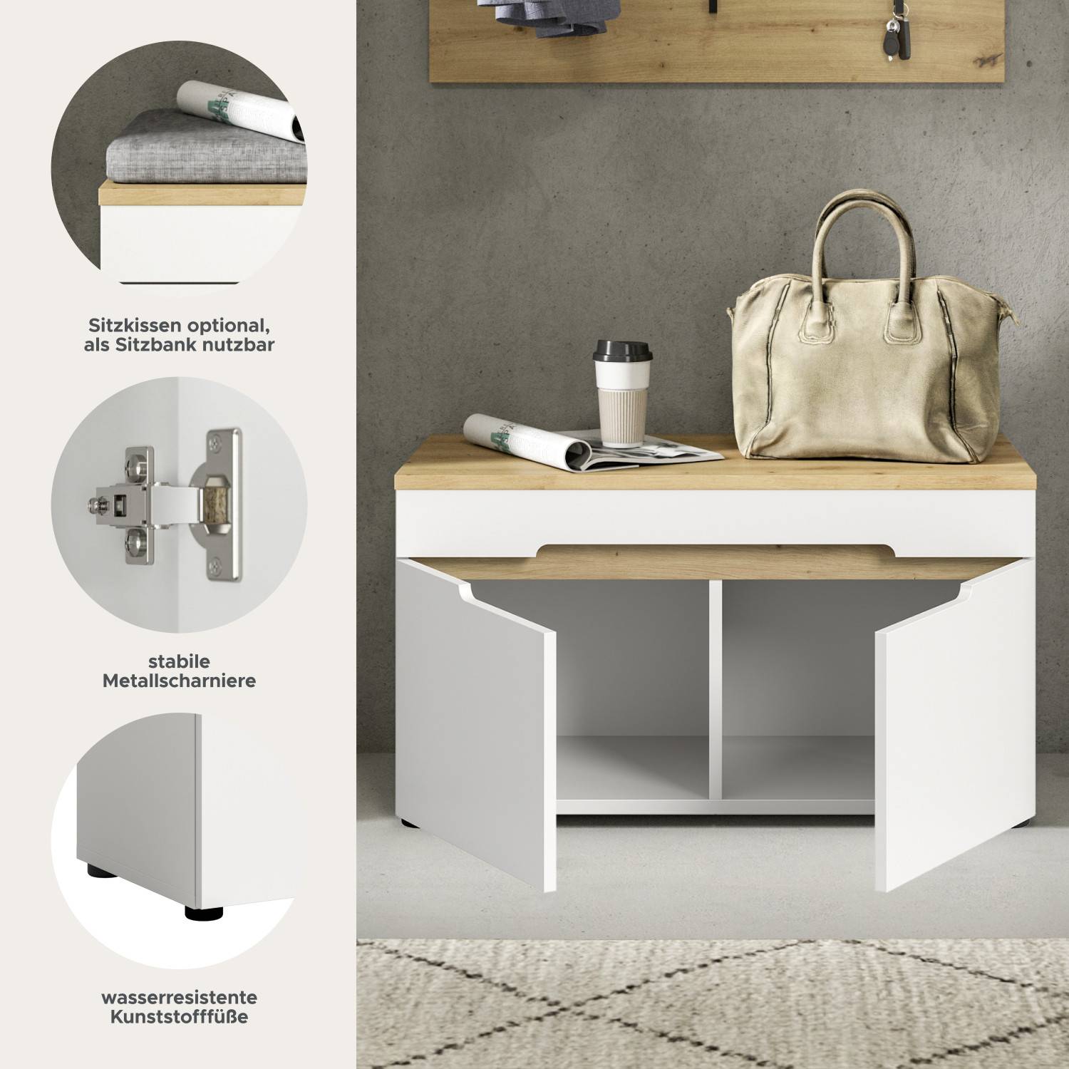 Schuhbank mit optionalem Sitzkissen, stabilen Metallscharnieren und robusten Kunststofffüßen – Sandy