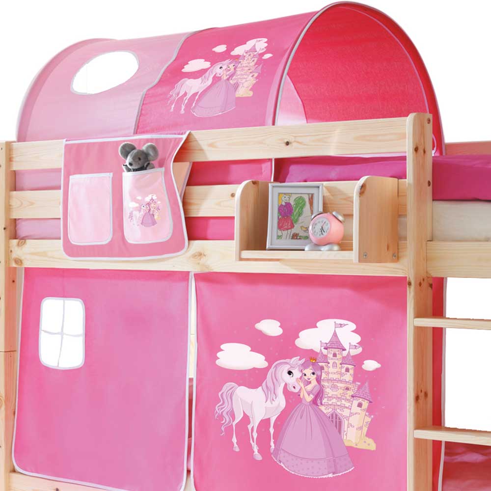 Kiefer Natur Mädchen Stockbett mit Stoff-Set in Pink - Alasdair
