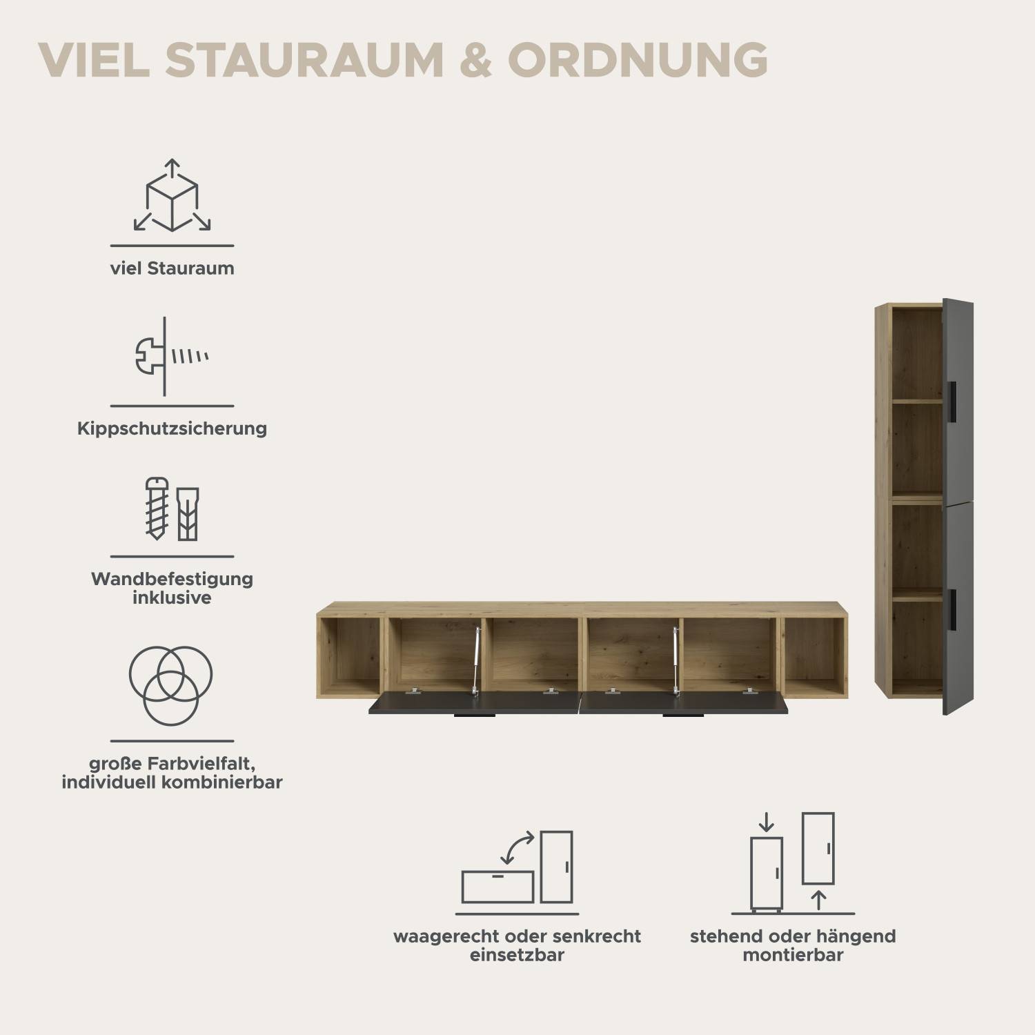 Wohnwand mit viel Stauraum, Wandbefestigung und flexiblen Montageoptionen – Estoron