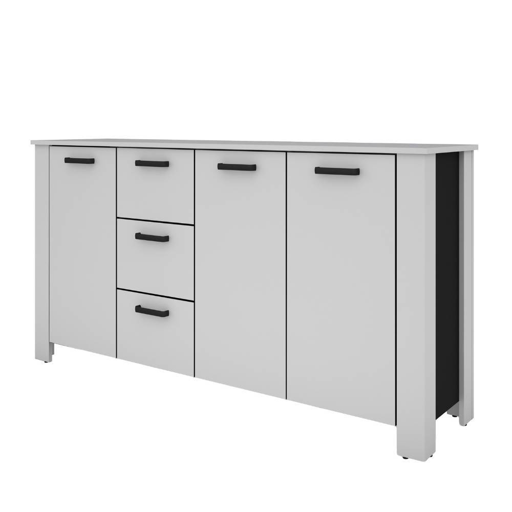 Modernes Kombi-Sideboard in Weiß mit schwarzen Griffen und Korpusakzenten, von links vorne – Planet