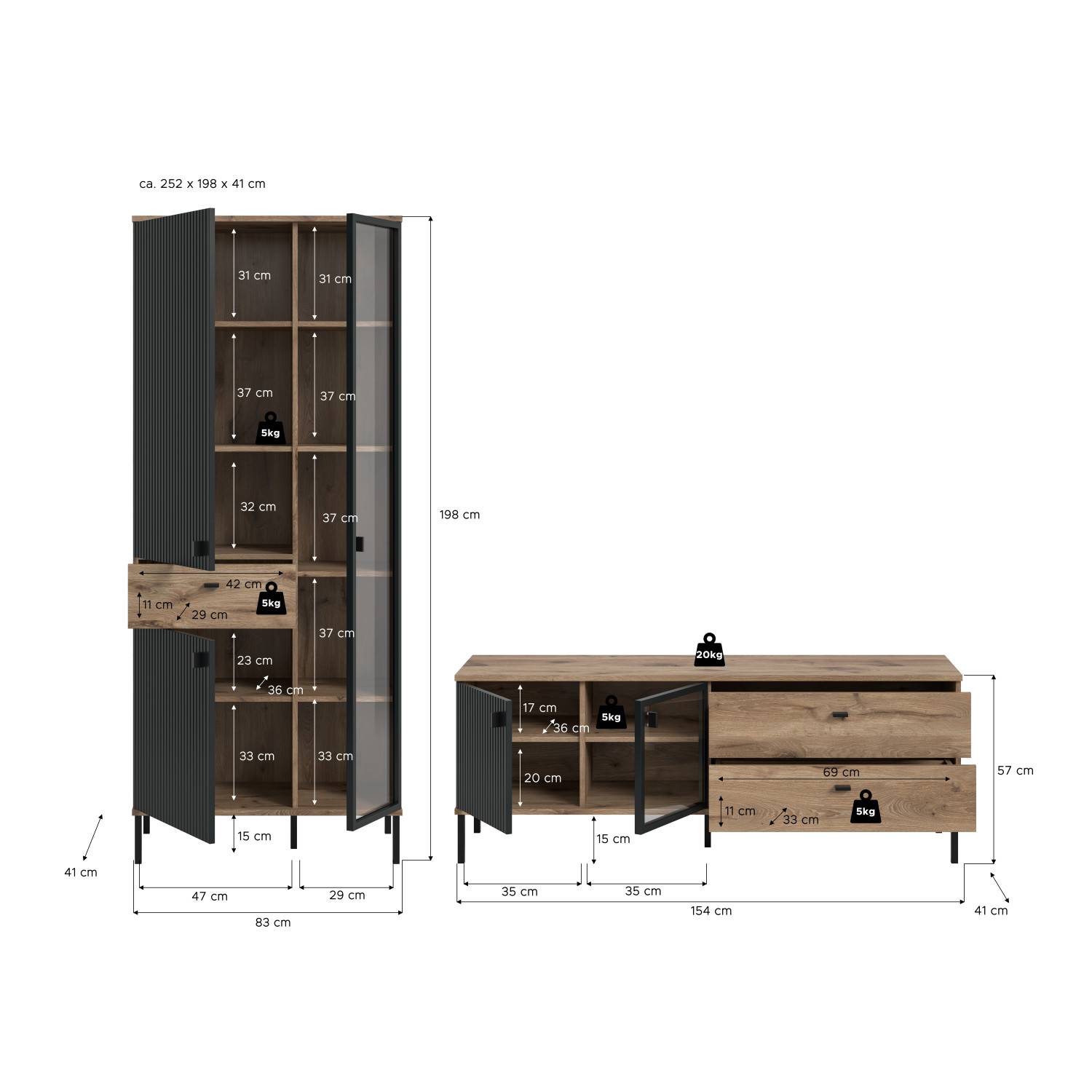 Maße und Abmessungen der zweiteiligen Anbauwand mit Highboard und TV-Lowboard – Rasmus