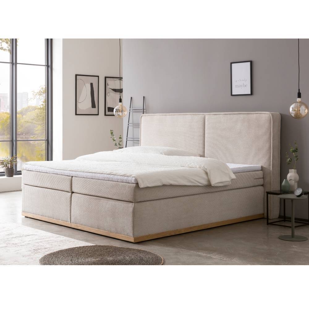Boxspringbett in Cremeweiß und Holz Natur - Athina