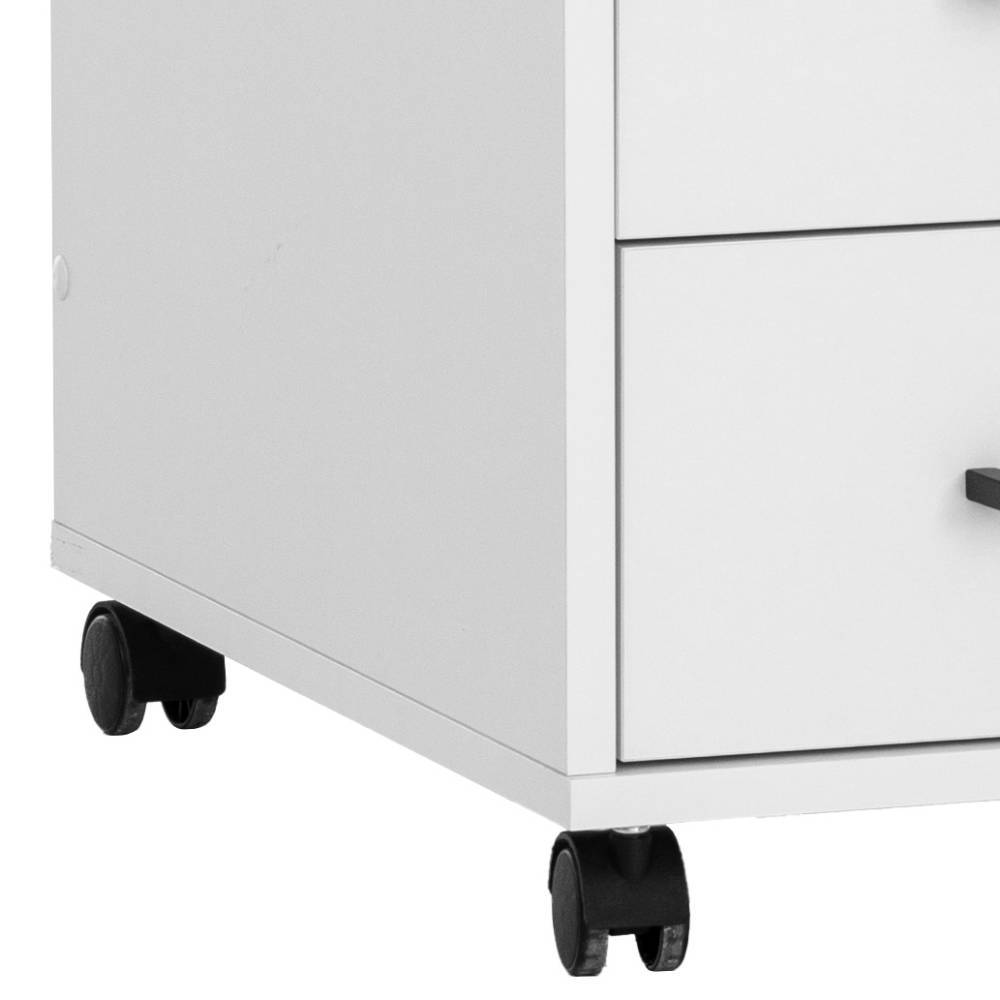 Standfuß des mattweißen Rollcontainers mit schwarzen Rollen für leichte Mobilität – Ebru