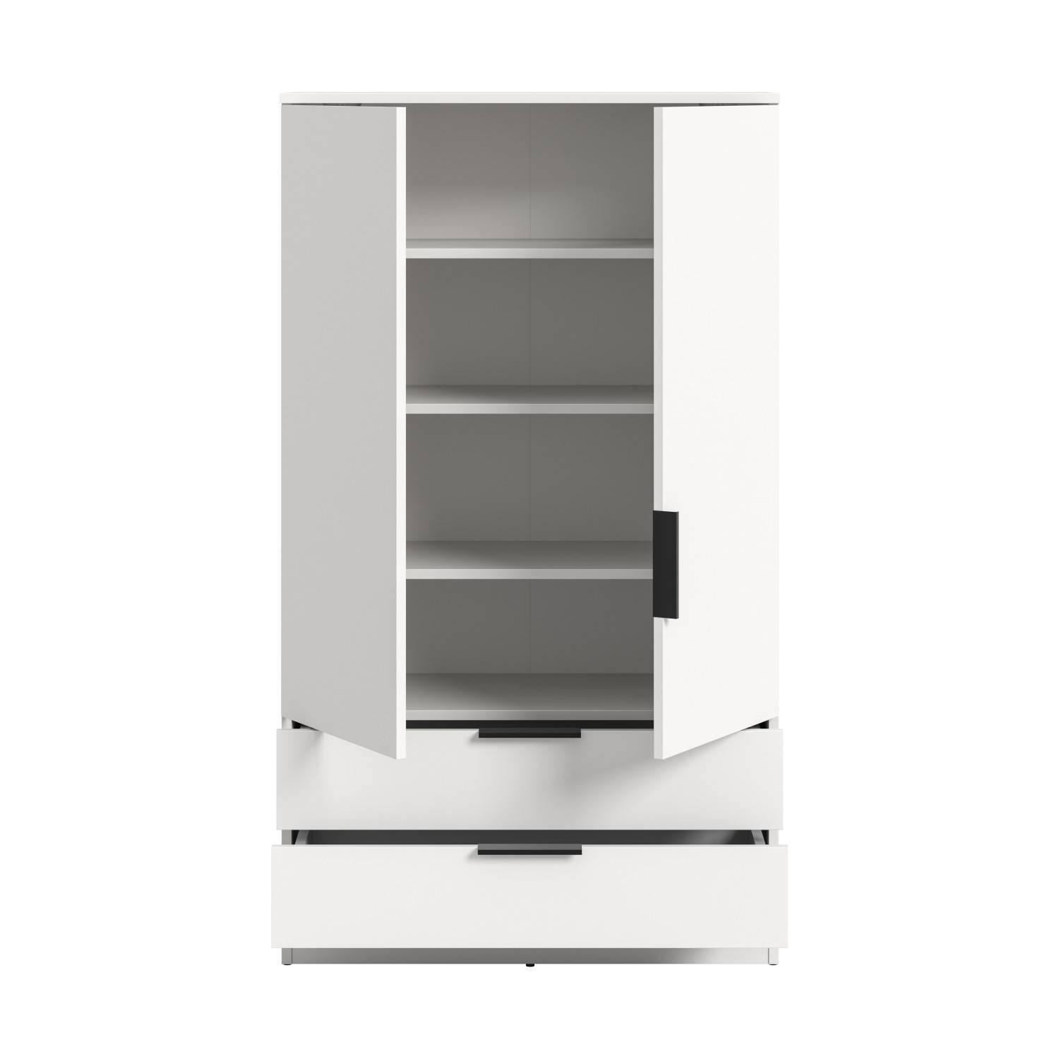 Offenes weißes Highboard mit leeren Fächern hinter zwei Türen und einer geöffneten Schublade – Scarperion