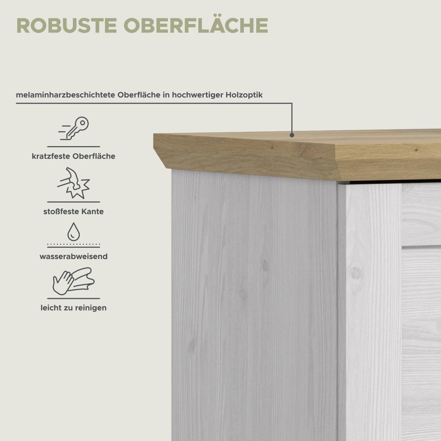 Robuste, melaminharzbeschichtete Oberfläche in Holzoptik, kratzfest und pflegeleicht – Tocella