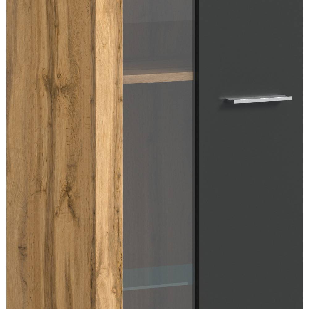Vitrinenschrank Detail mit Holznachbildung in Eiche, Glastür und grauer Front – Josie