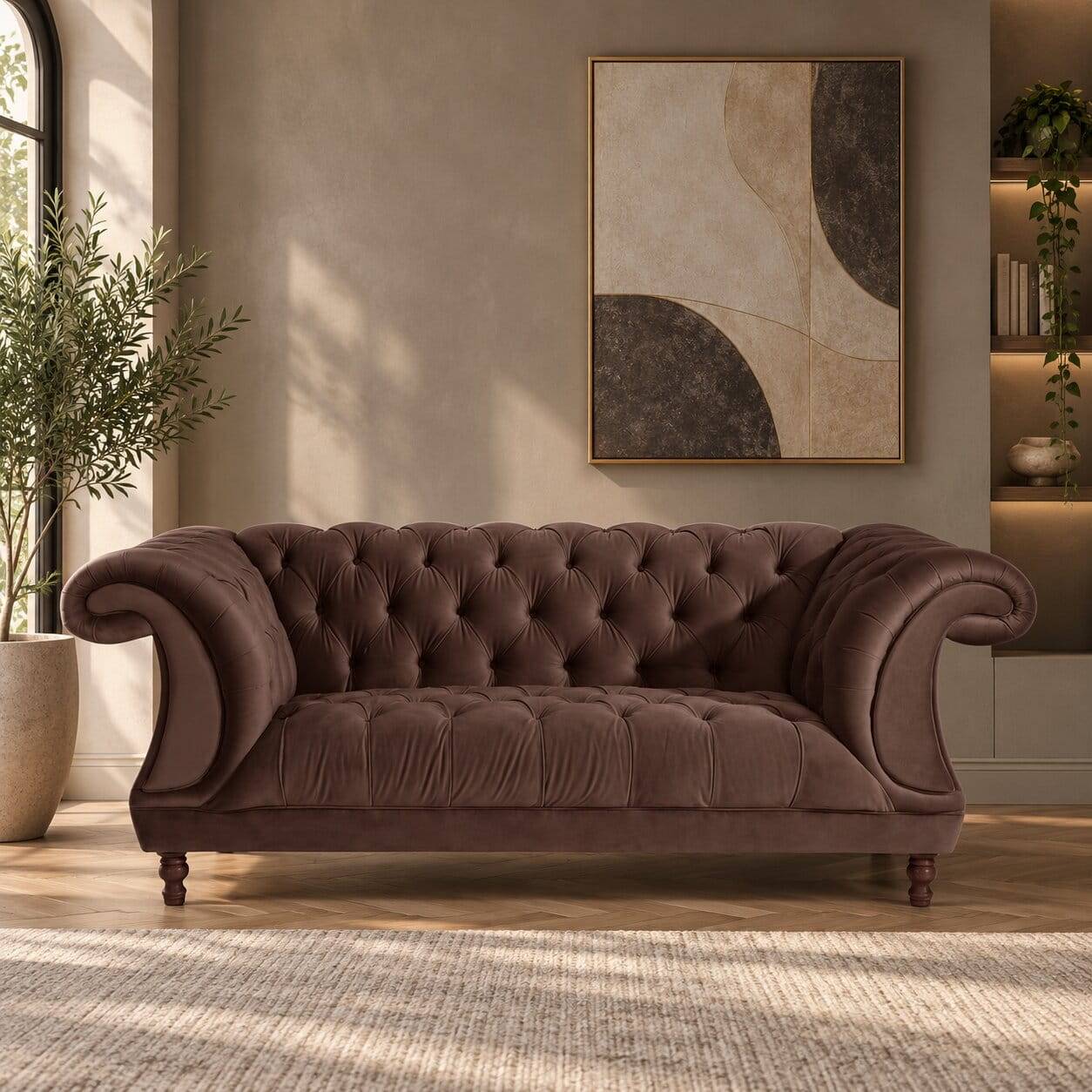 Braunes Barocksofa aus Samtvelours und Holz - Exados