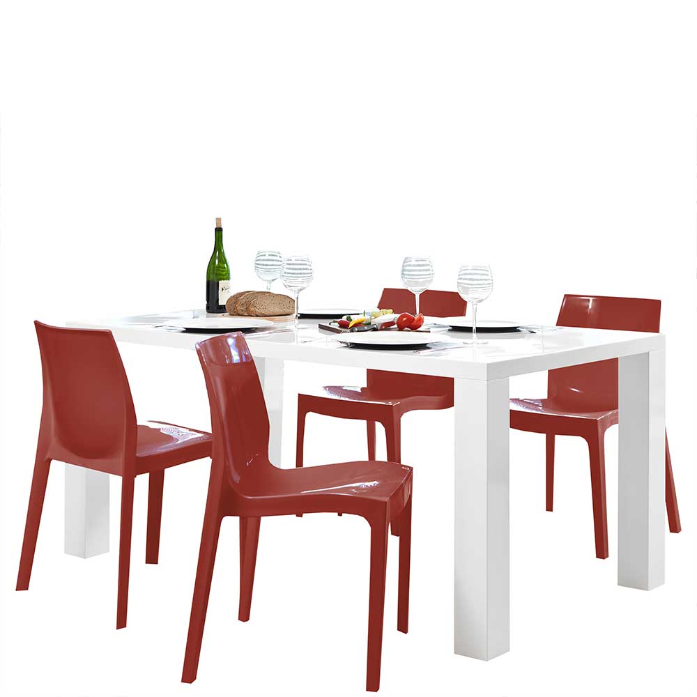 Design Tischgruppe in Weiß HG & Rot - Jonida (fünfteilig)