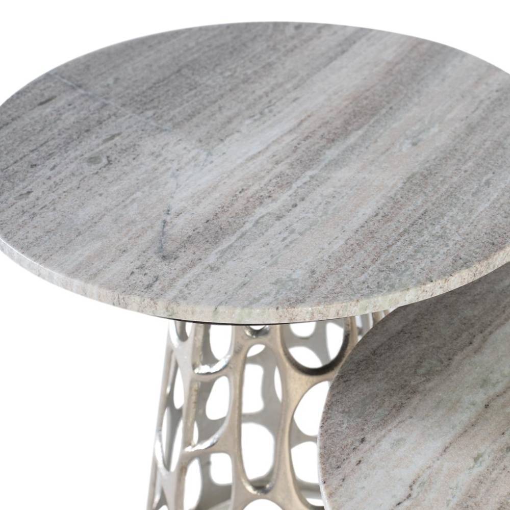Marmor Couchtisch Duo mit heller Steinplatte und detailreichem silbernen Metallgestell – Africo