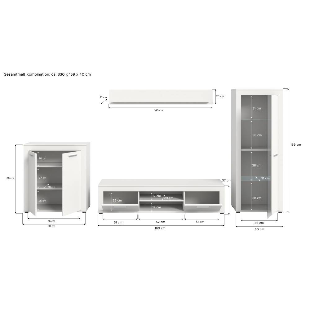 Maße und Abmessungen der einzelnen Elemente der Anbauwand im Detail – Furoro
