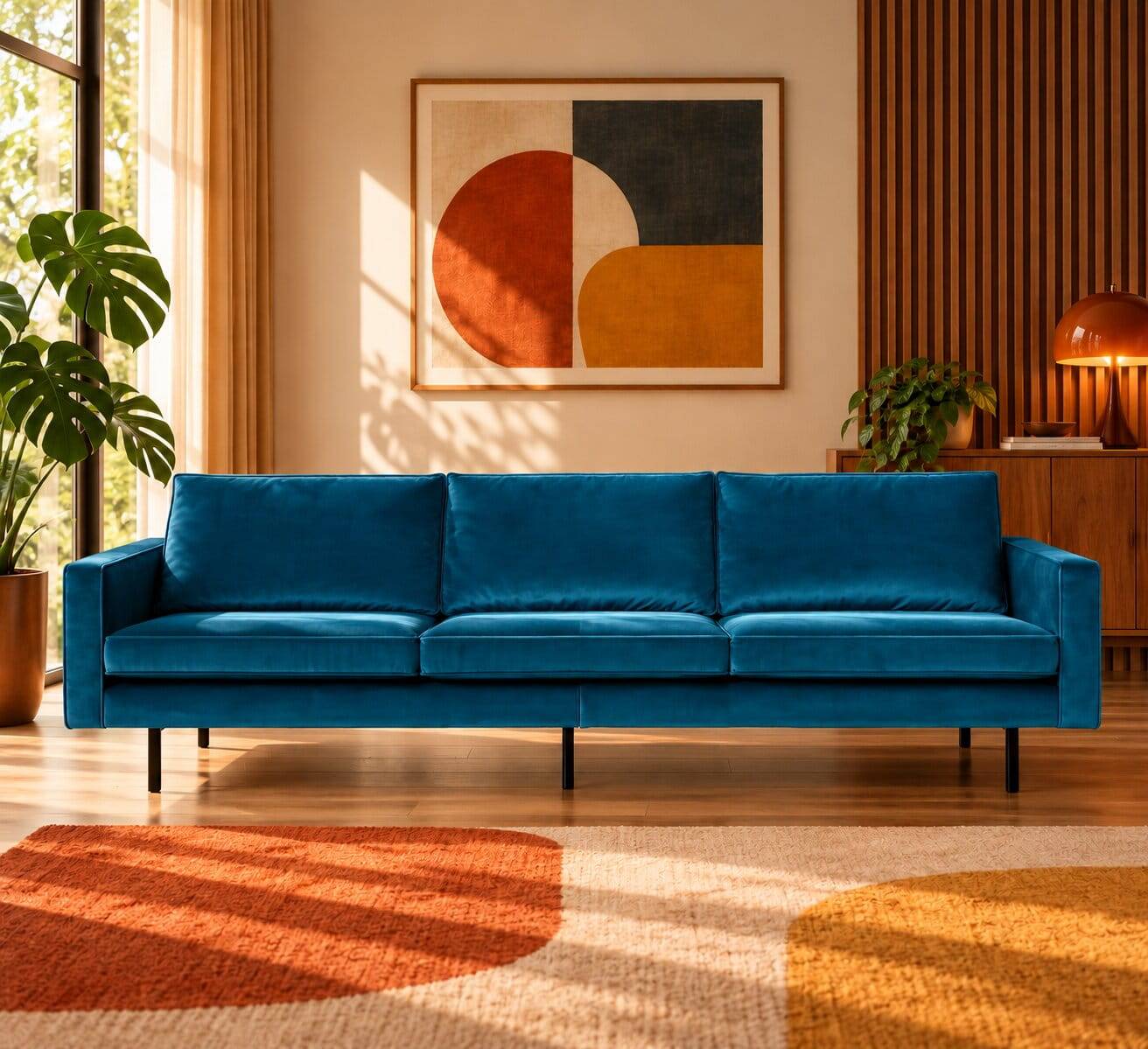 Blue Velvet Sofa 3-Sitzer Cumagon im Retrostil