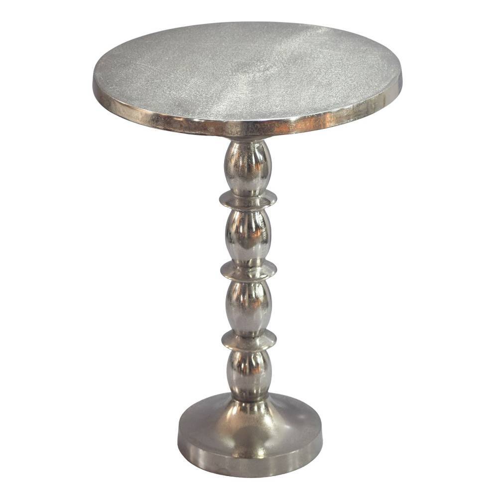 Eleganter Aluminium Beistelltisch in Silberfarben mit runder Tischplatte – Rolas