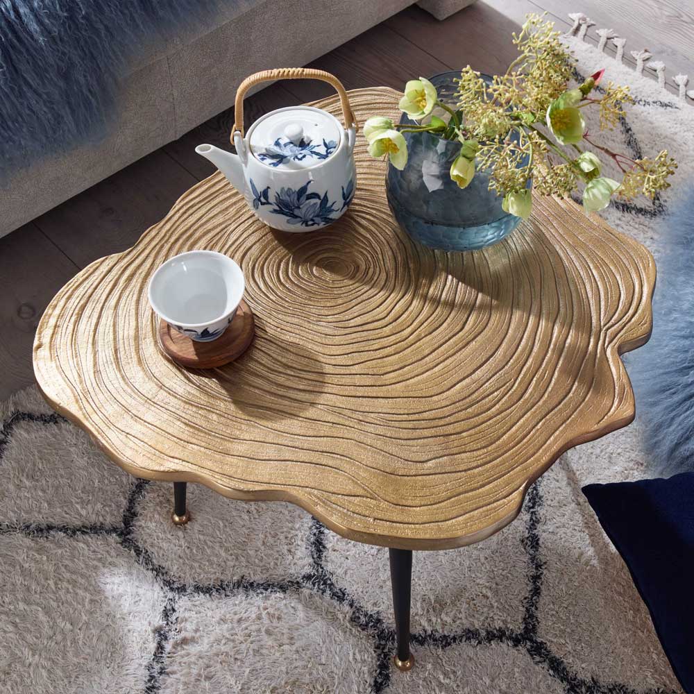 Metall Couchtisch mit Alu Platte im Baumscheiben Design - Lavetras