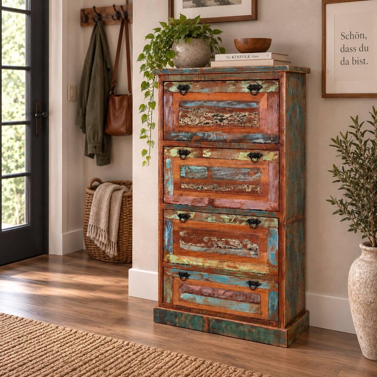 Mehrfarbiger Shabby Chic Schuhschrank mit vier geschlossenen Klappen für die Diele – Jamaica
